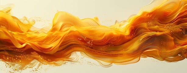 A detailed painting of a wave created by mixing amber and peach colored ink in water, giving a...