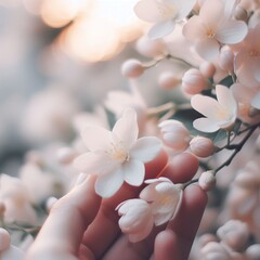 Beautiful delicate jasmine flowers in the hands of a girl