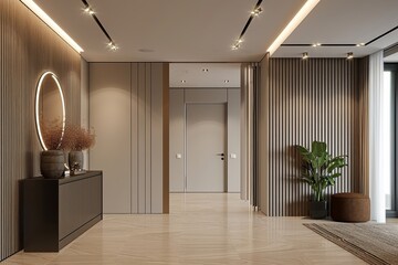 Modern home interior design. Modern apartment entrance or hallway. 3D Rendering, 3D Illustration, Generative AI