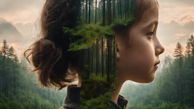 Double exposure portrait of child combined with nature.  AI generated image, ai. environment save the world concept.