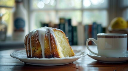 A quiet afternoon at a local library's book club meeting, where a lemon poppy seed cake is served.  - obrazy, fototapety, plakaty