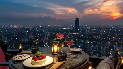 A romantic rooftop restaurant, where dessert is served under the stars. A delicate panna cotta, garnished with fresh berries and a - obrazy, fototapety, plakaty