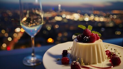A romantic rooftop restaurant, where dessert is served under the stars. A delicate panna cotta, garnished with fresh berries and a mint leaf,  - obrazy, fototapety, plakaty