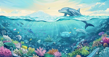 Fototapeta na wymiar An illustration depicting a healthy, thriving marine ecosystem contrasted against a scene affected by plastic pollution, emphasizing the importance of making conscious choices to protect our oceans.