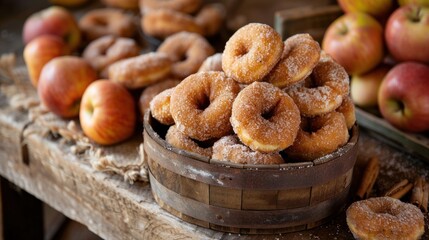 Fototapeta na wymiar A rustic apple orchard, where visitors can pick their apples and then watch as they are transformed into fresh apple cider donuts. The warm, 