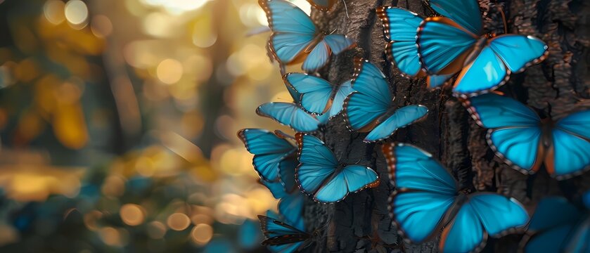 Stunning  blue butterflies  on the tree,  Macro photography , close up shot of nature background for wallpaper and illustration 