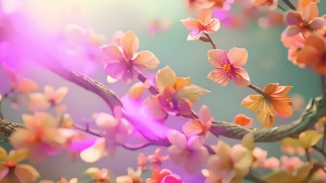 Vibrant cherry blossoms in bloom with soft focus and warm sunlight, depicting springtime freshness.