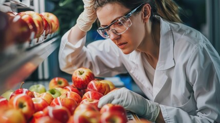 A scientist in a laboratory analyzing the genetic makeup of different apple varieties, aiming to...