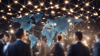 International business partnership. Business people standing silhouette on world map background, Global business concept. Global business concept, generative ai. - obrazy, fototapety, plakaty