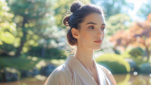 A serene, Zen-inspired beauty portrait in a minimalist Japanese garden. The subject wears a simple, elegant kimono, with natural, understated makeup, 
