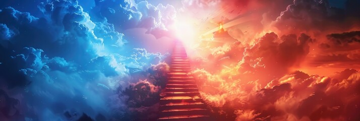Heavenly staircase across the sky towards the sun - A panoramic view of a staircase across the sky leading towards the sun, symbolizing hope and journey - obrazy, fototapety, plakaty
