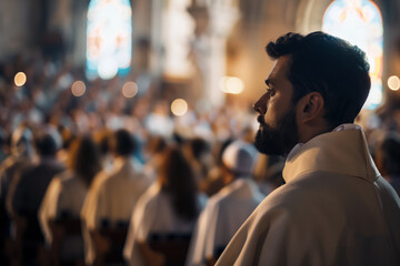 A pensive clergyman with a well-groomed beard and short hair, wearing religious attire, captures a moment of reflection amid a congregation. The warm sunlight streaming through the church windows. 