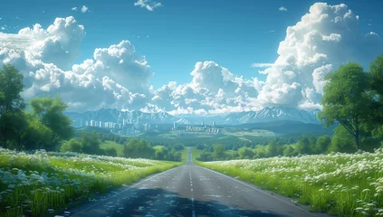 Deurstickers A car is cruising along a rural road with lush green grass, towering trees, and a beautiful natural landscape under the vast blue sky filled with fluffy clouds © RichWolf