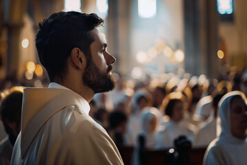 A pensive clergyman with a well-groomed beard and short hair, wearing religious attire, captures a moment of reflection amid a congregation. The warm sunlight streaming through the church windows.  - obrazy, fototapety, plakaty