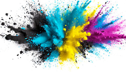 Explosion of colored powder, isolated on white background. Cyan, magenta, yellow, black toner - obrazy, fototapety, plakaty