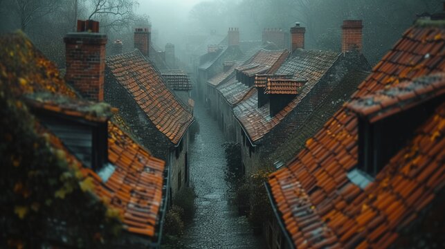 Calm composition of the image of the roofs of the old city in fog. Atmosphere of peace and tranquility. Generative AI