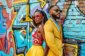 Trendy young African-American couple showcasing modern fashion style with vibrant yellow accents...