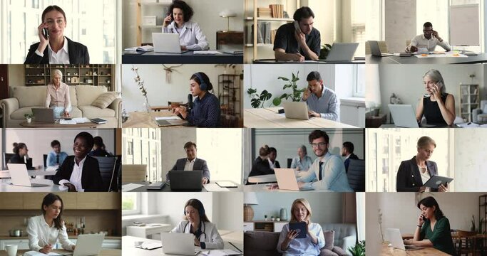 Different generation and race businesspeople, professionals, freelancers and students busy with work and study. Collage view, workflow using modern wireless tech. Business people portraits, lifestyle