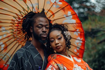 Elegant black man and woman couple in traditional Japanese kimono with red umbrella enjoying a beautiful day in a peaceful Japanese garden