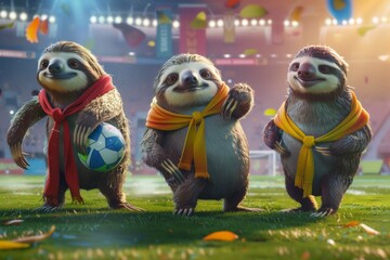 Sloths engaged in a playful game of soccer. - obrazy, fototapety, plakaty