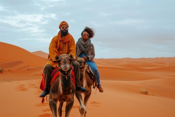 Couple riding camels in the Sahara desert of Africa on a sunny day with blue sky and orange sand dunes in the background - Powered by Adobe