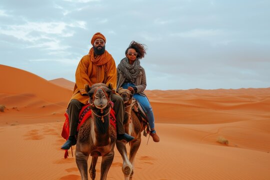 Couple riding camels in the Sahara desert of Africa on a sunny day with blue sky and orange sand dunes in the background