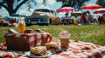 A vintage-inspired picnic at a classic car show, where retro enthusiasts gather. The basket is...