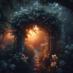 Sunset in the park with path and arch in jasmine flowers, 