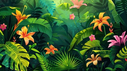 Fototapeta na wymiar A lush tropical jungle scene with vibrant green foliage and exotic flowers.