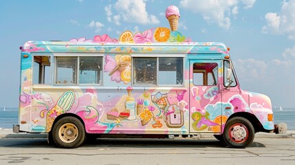 A whimsical ice cream truck painted with fantastical scenes, roaming the streets and bringing joy 
