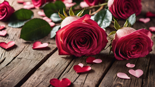 wooden background with roses and petals with empty space for greeting message. Love and greeting concept design. AI generated image, ai