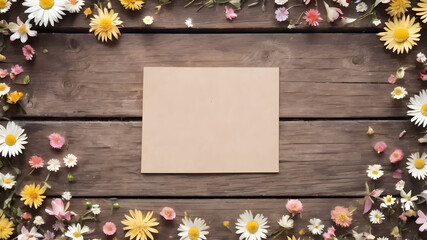 wooden background with flowers with paper note empty space for greeting message.  Love and greeting concept design. AI generated image, ai