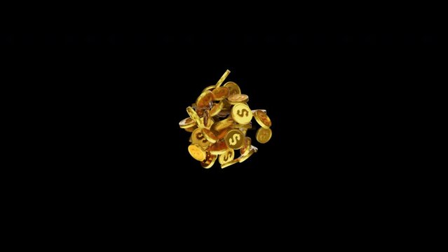 gold dollar coins appear on Black background. Growing investments. 3d animation