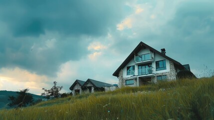 Fototapeta premium Panorama View from the bottom of a grassy hill with a house against cloudy sky background. Dormer, gable roofs, balcony, and stone wall can be seen at the home exterior.