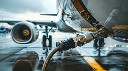 A photo of a commercial airplane being refueled. Close-up of an airplane with a refueling hose attached.