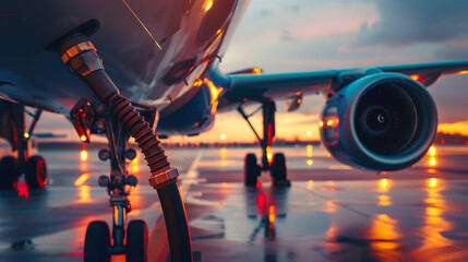 A photo of a commercial airplane being refueled. Close-up of an airplane with a refueling hose attached.