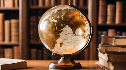 Crystal glass globe with  books and library background for environment and conservation. . Earth crystal glass globe ball. AI generated image, ai