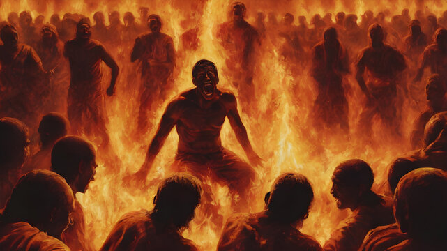A painting of hell of suffering and eternal damnation. partially submerged screaming men,  AI generated image, ai