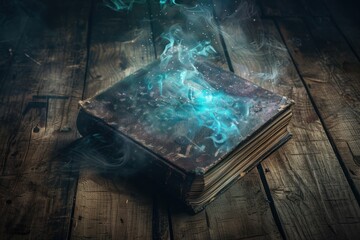 Ancient book with mystical blue smoke and magical symbols - obrazy, fototapety, plakaty