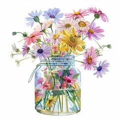 Bouquet of wild flowers daisies in a glass jar, pastel colors, clean and cute watercolor clip artwork isolated on a white background 