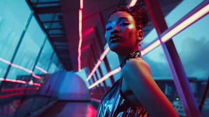 An avant-garde fashion photoshoot in a futuristic cityscape at dusk. The model is wearing a metallic, structured dress that gleams under the city lights, 