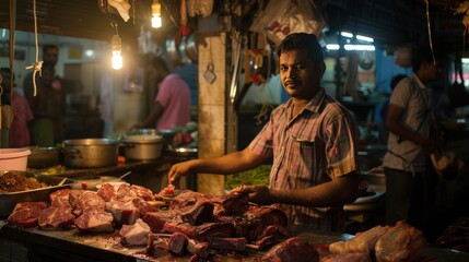 An early morning at a bustling butcher shop, where a butcher expertly carves cuts of meat for the