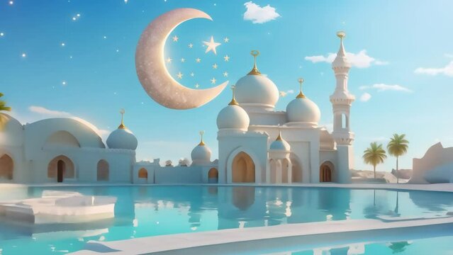 Fantasy Arabian Nights palace with crescent moon, stars, and reflecting pool under a clear sky.