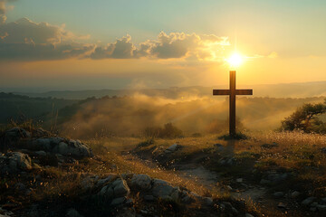 Cross of God in the rays of the sun, religious concept - obrazy, fototapety, plakaty