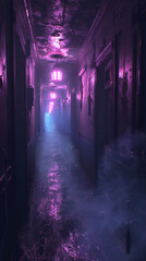Surreal Photography of a hallway lined with neon lights, dimly lit, fog. AI generative