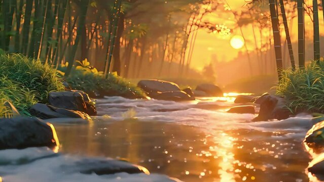 Serene forest stream at sunset with golden light filtering through trees and glistening on the water's surface