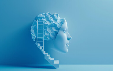 Mental health and wellbeing. A ladder leading into a persons head. Concept of imagination