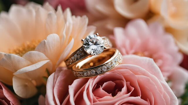 A pair of gold wedding rings. engagement rings. with a floral background.  AI generated image, ai