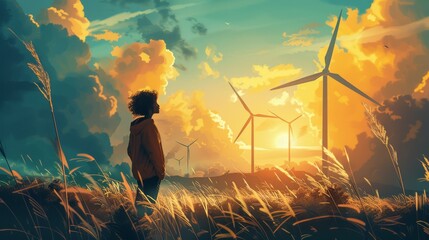 Illustration portraying a character committed to clean energy solutions aligning with the global trend towards carbon neutrality. - obrazy, fototapety, plakaty