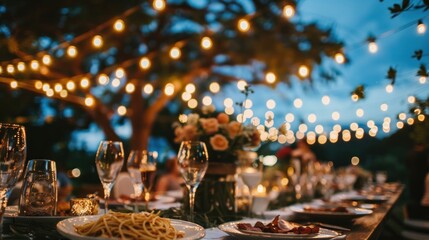 An elegant outdoor wedding reception under string lights, where guests are served spaghetti carbonara 